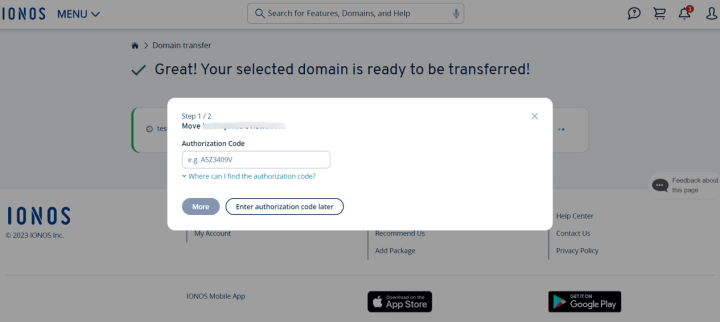 IONOS Transfer Domain