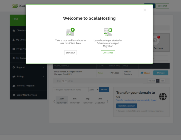ScalaHosting Client Area Welcome Page